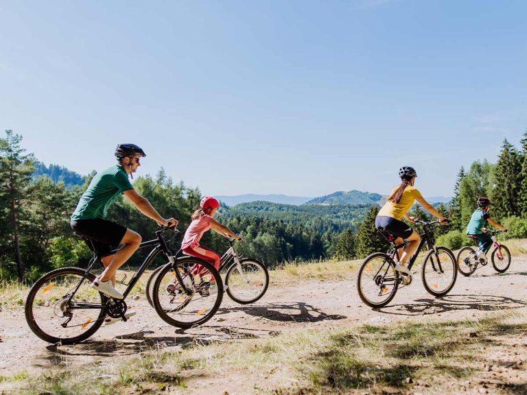 A family cycling along a dirt road in Crete, Greece, exploring the island’s beautiful countryside on a guided family-friendly bike tour.