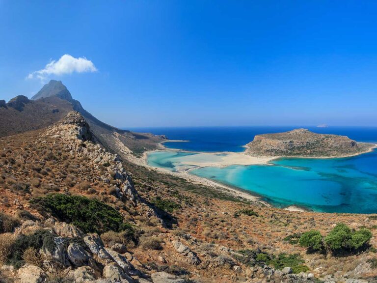 Panoramic view of Balos Lagoon and Gramvousa Island from a mountain trail, with vibrant blue waters and rocky terrain under a clear sky in Crete.